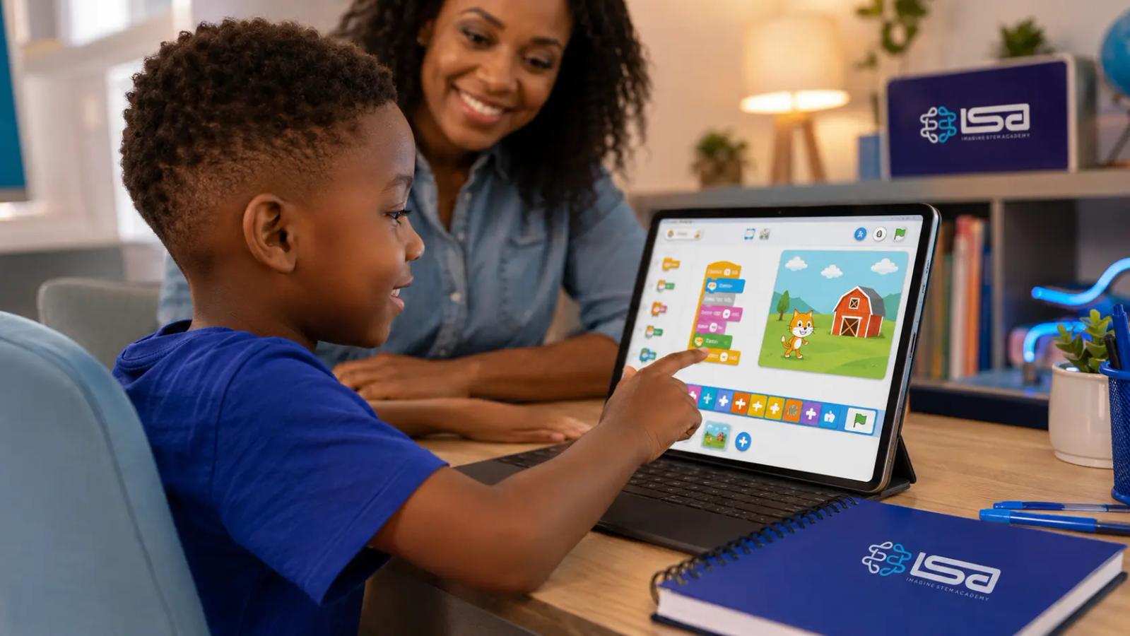 7-year-old learning to code using a visual block-based app with a parent nearby.