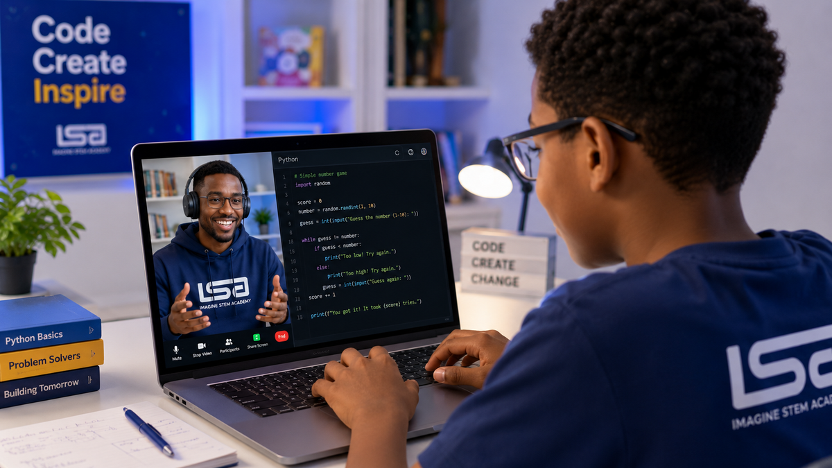 Student learning Python programming in a live online coding class