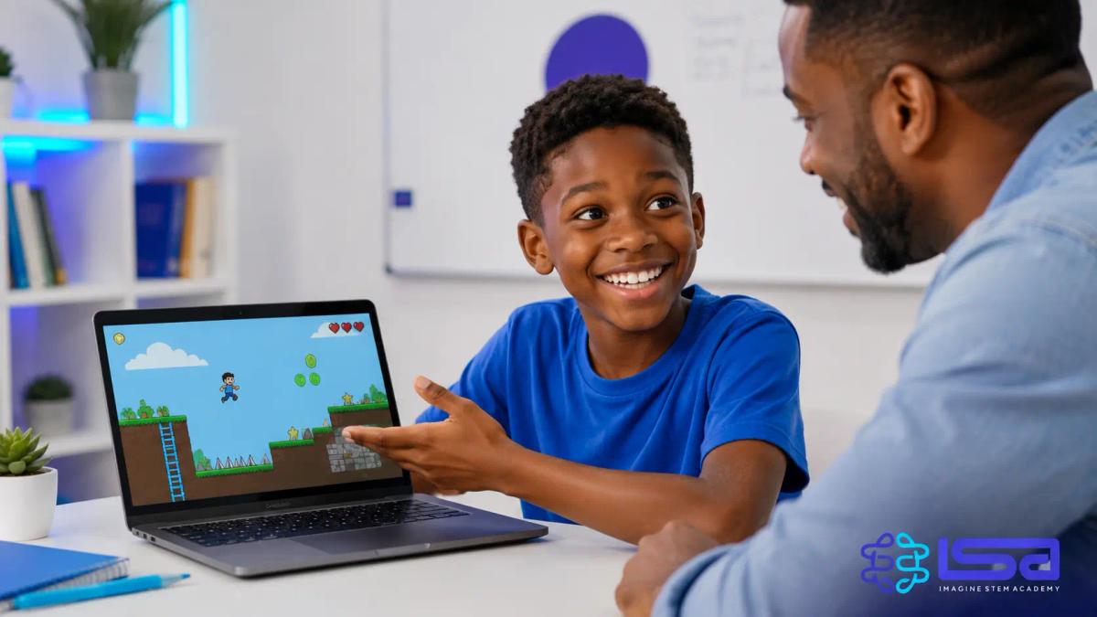 African child showing a completed coding game during a free trial class at Imagine STEM Academy.