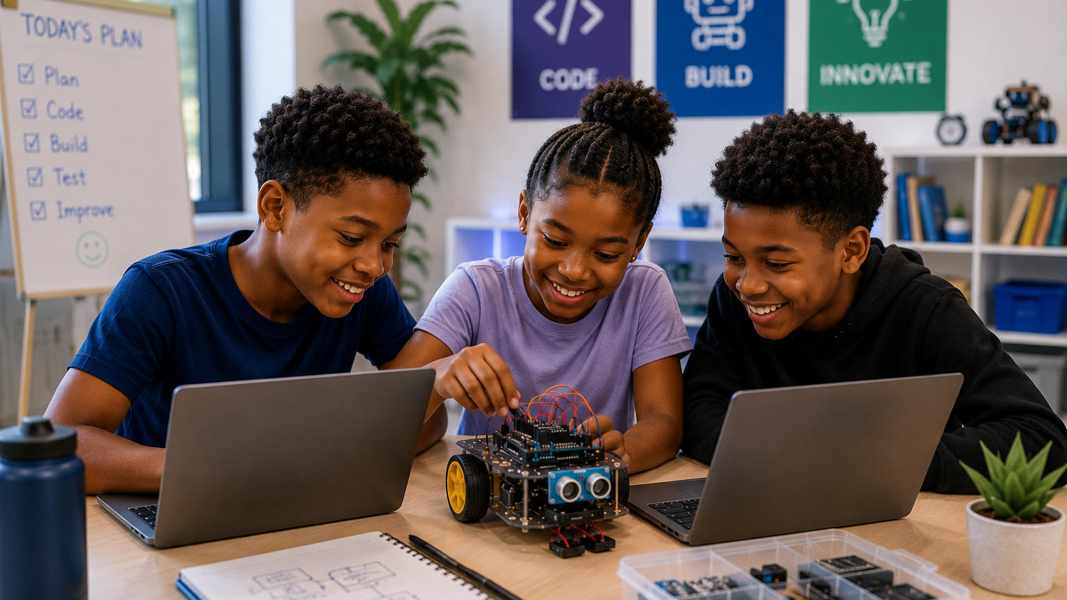 Children learning coding and robotics during an Imagine STEM Academy summer coding camp