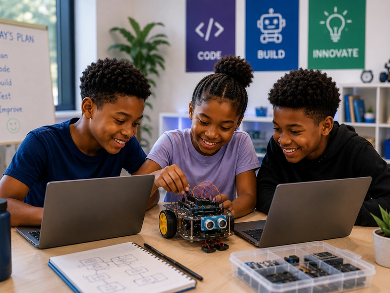 Children learning coding and robotics during an Imagine STEM Academy summer coding camp