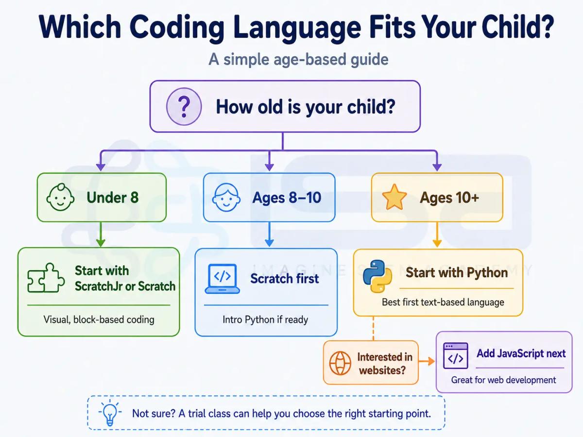 Flowchart showing which coding language suits which age group