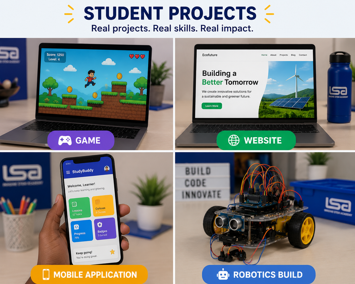 Coding projects created by Imagine STEM Academy students, including games, websites and applications