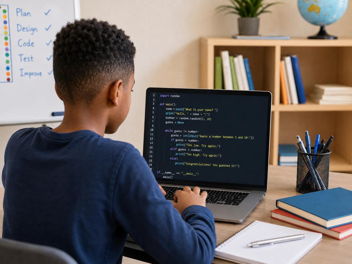 Child working on a Python coding project after starting with Scratch