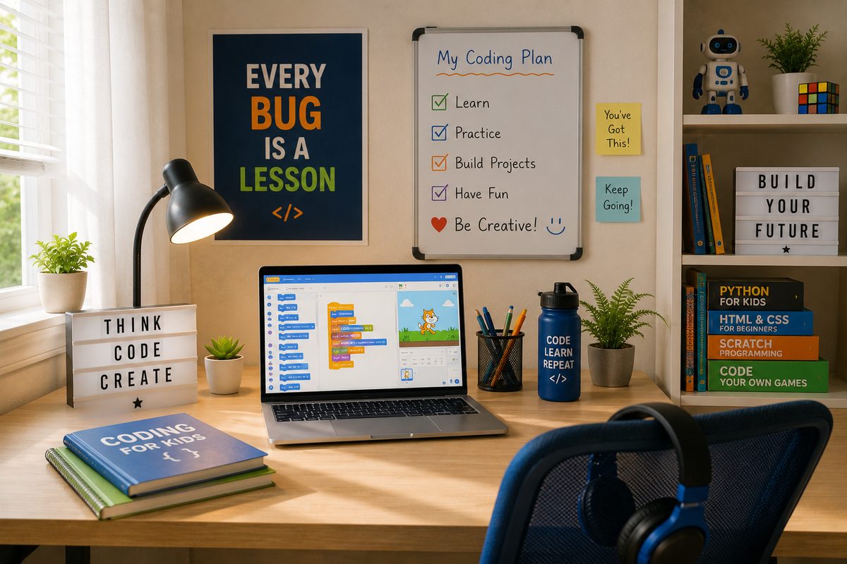 A simple home learning space set up for a child learning coding.