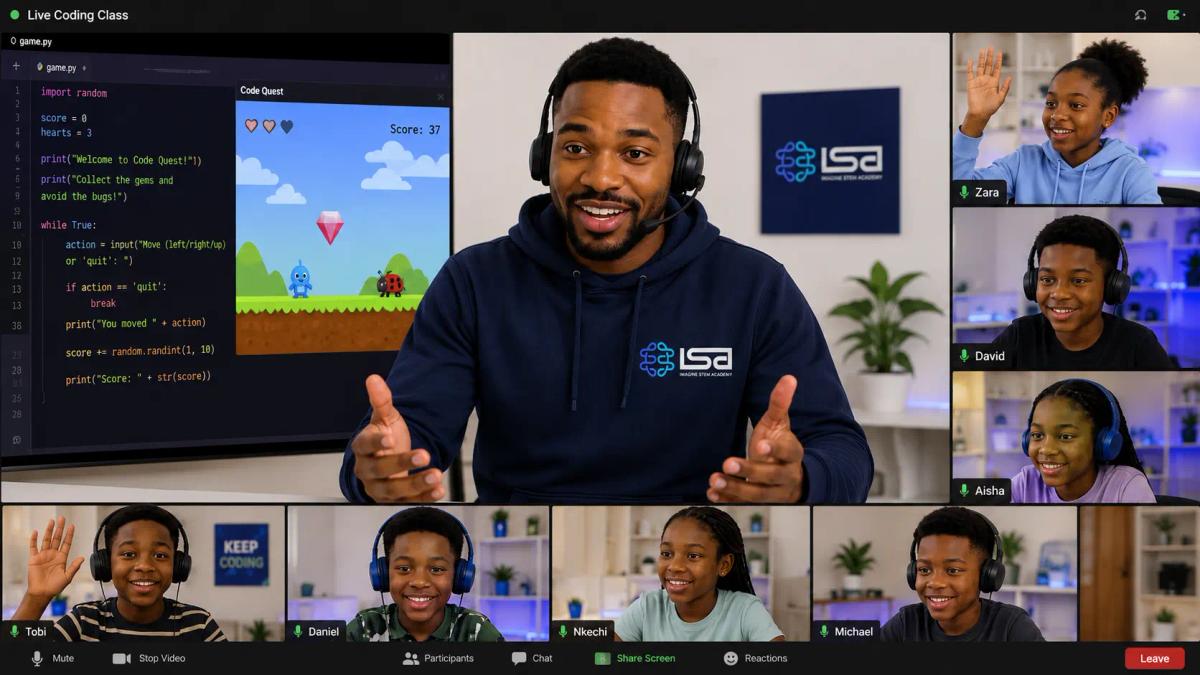 Kids attending a live online coding class with an Imagine STEM Academy instructor while building a coding project.