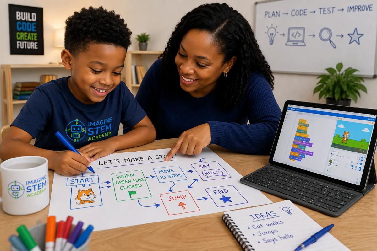 Parent teaching a 7-year-old coding logic by planning a simple story with visual steps and block-based coding