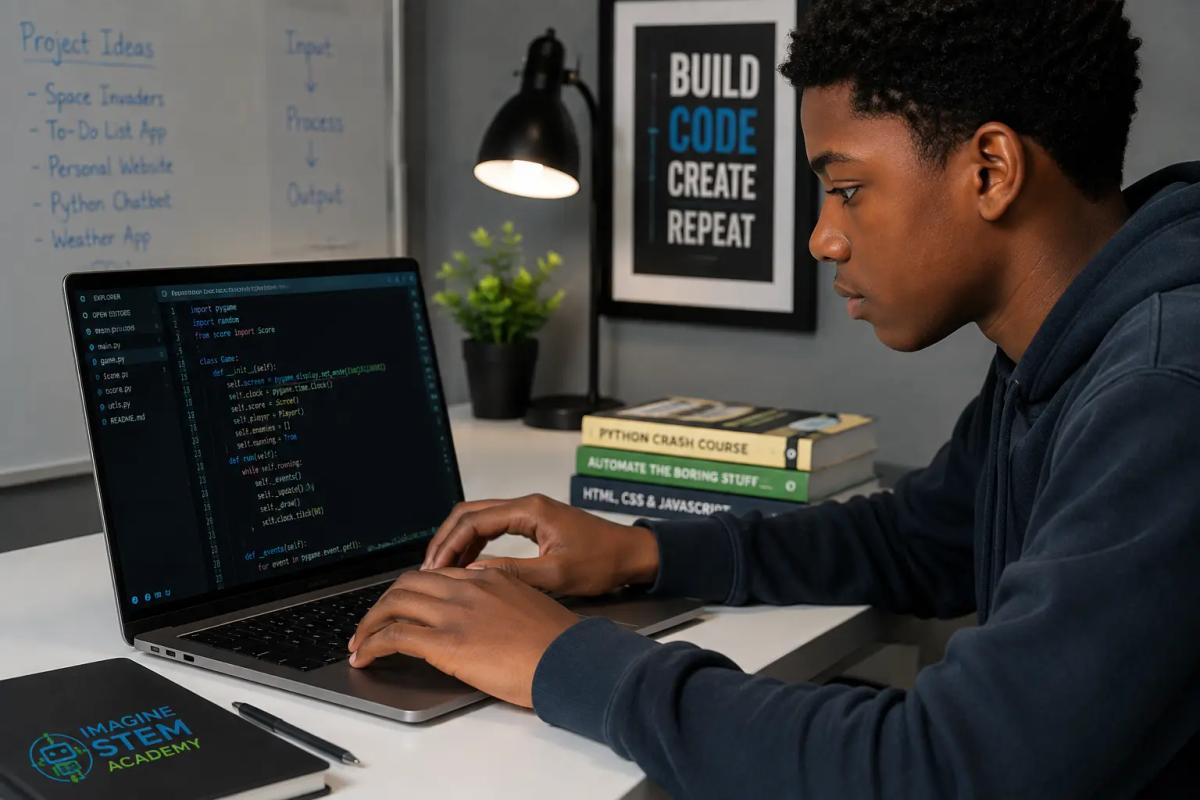 African teenager developing a Python coding project on a laptop during an Imagine STEM Academy class.