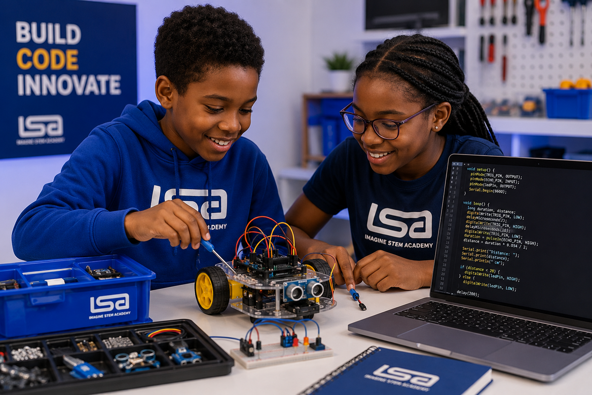 Children programming a robotics project during an Imagine STEM Academy class