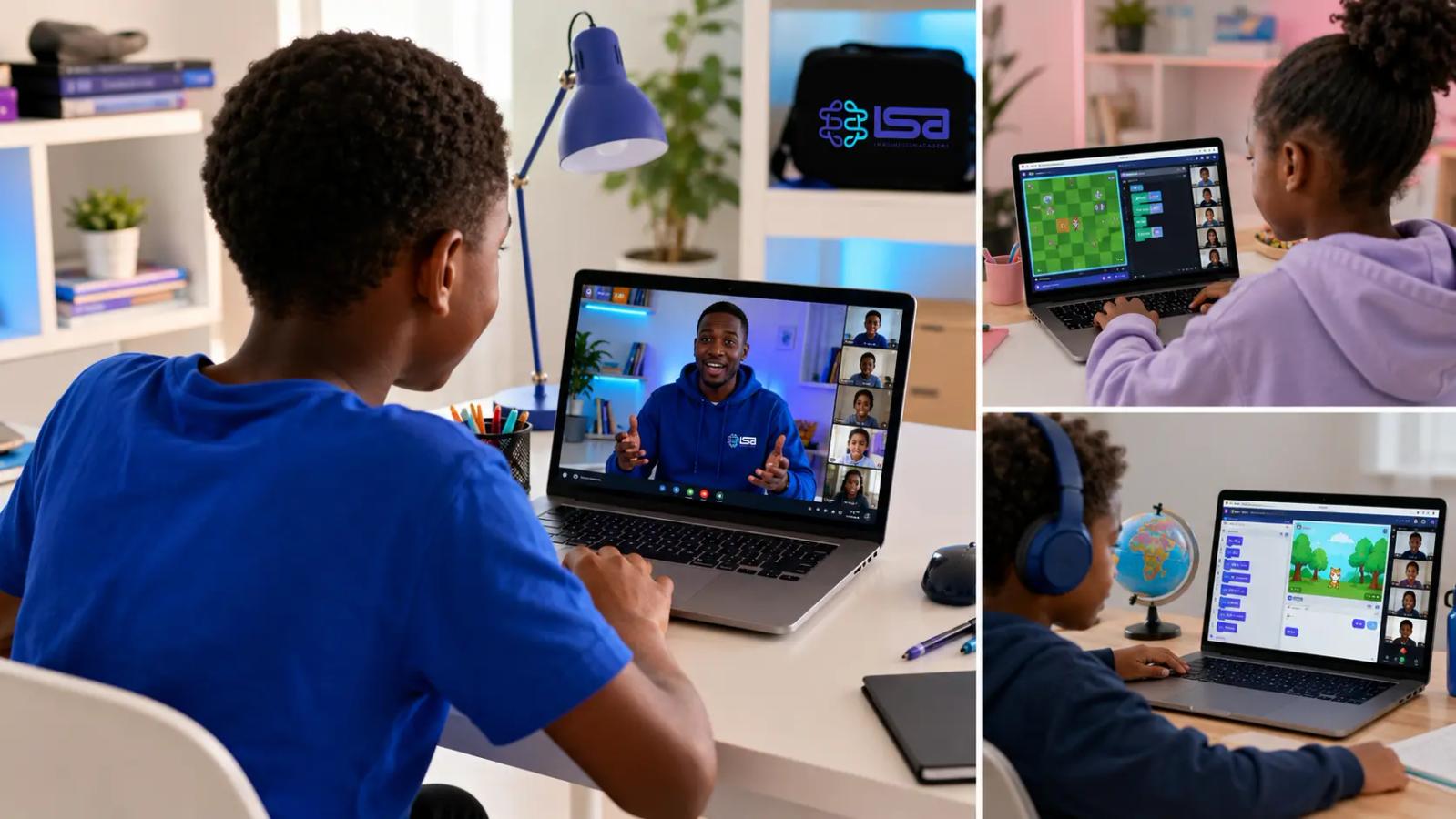 Kids attending a live online coding camp with an instructor while building coding projects on their laptops