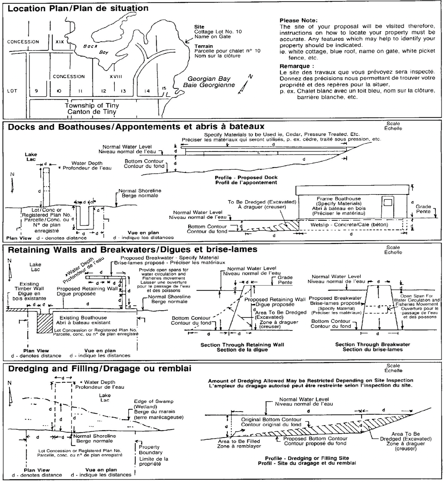 Sample plan with illustrations of location plan, docks and boathouses, retaining walls and breakwaters, and dredging and filling