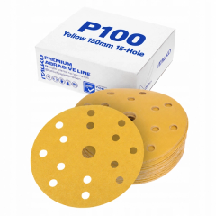 ITALKO Yellow 150mm 15-Hole Hook-and-Loop Sanding Discs – 50 Pack, 150 mm, P100 · Yellow thumbnail 1