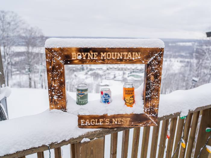 Beer cans in the scenic photo frame at the Eagle's Nest