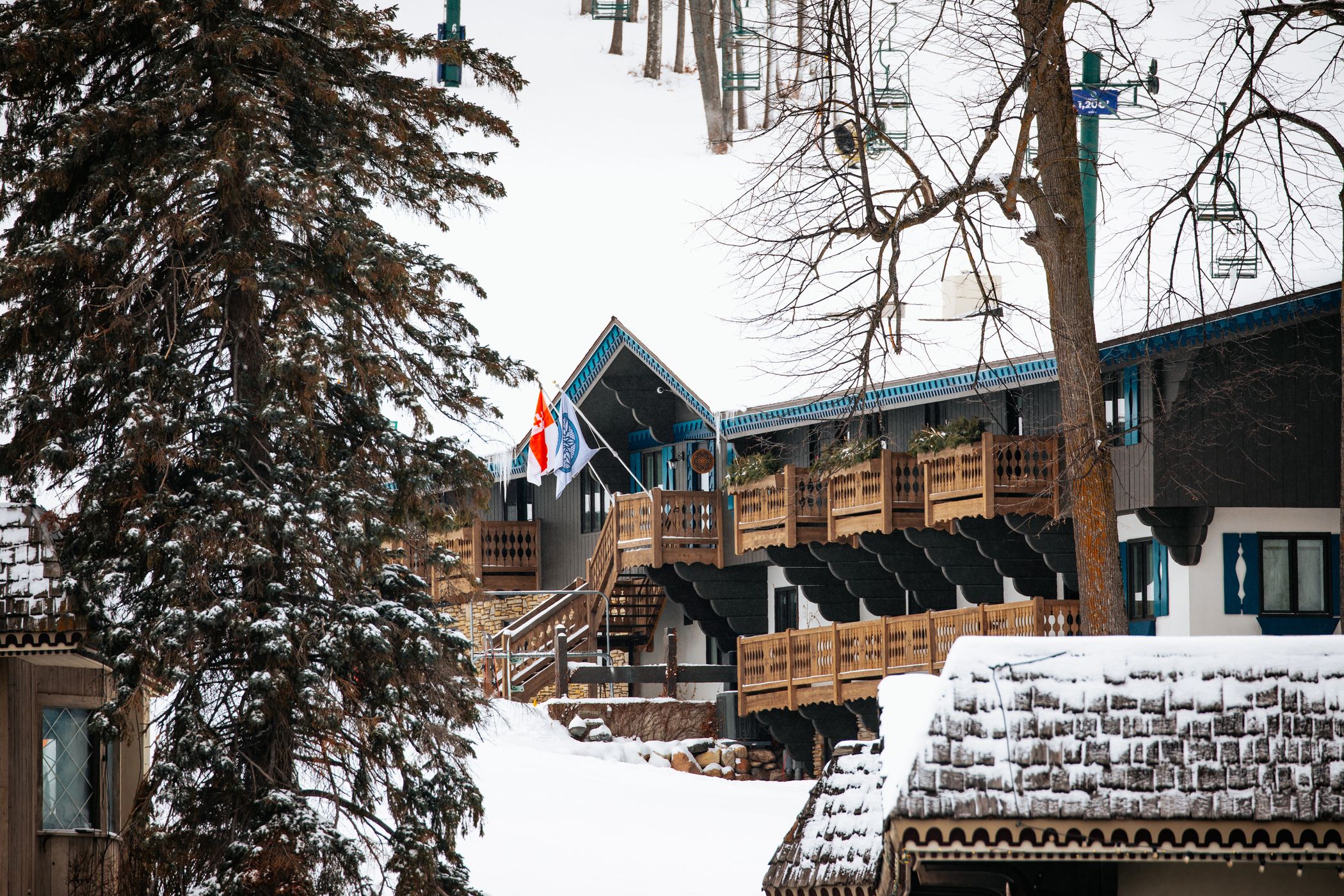 Exterior of Chalet Edelweiss during the evening winter glow