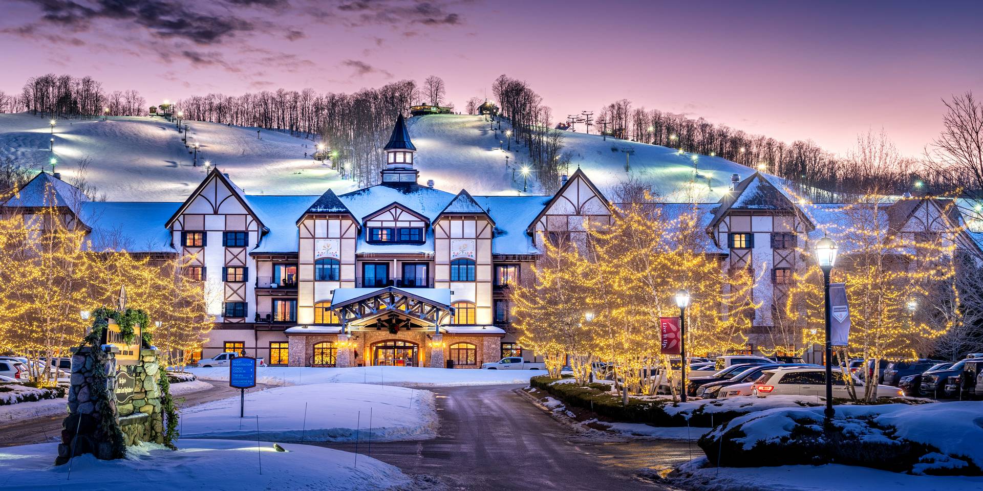 Resort view with mountain in background in winter
