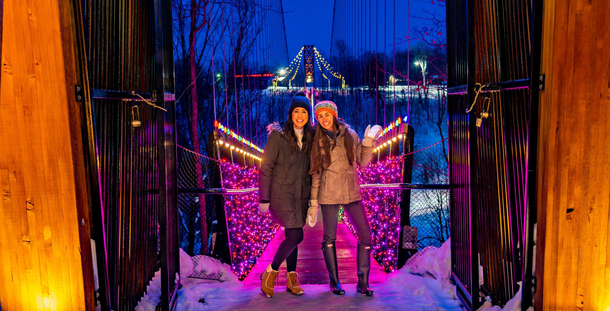 girls walking on SkyBridge in the winter