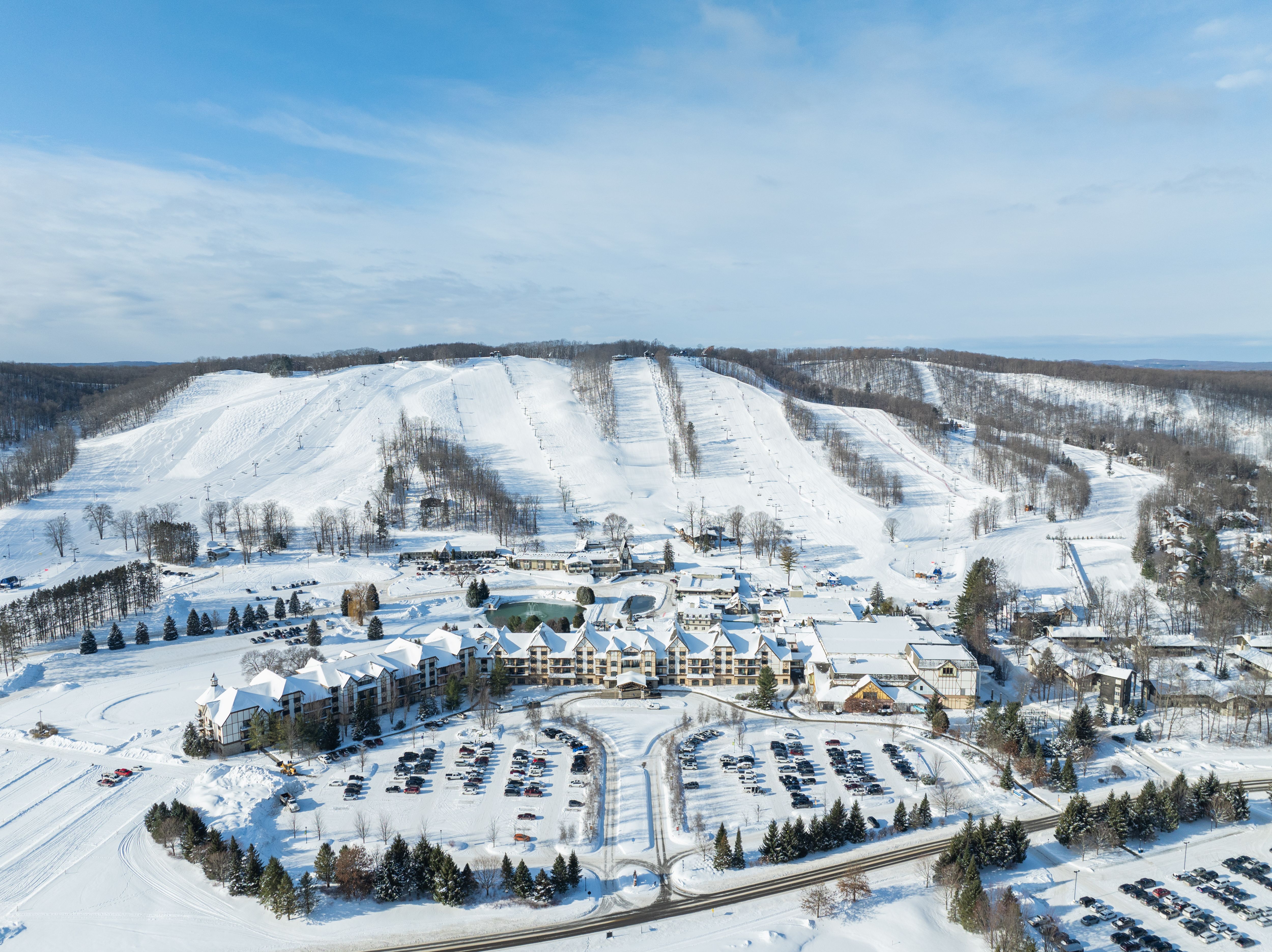 Arial view of all of Boyne Mountain during the winter