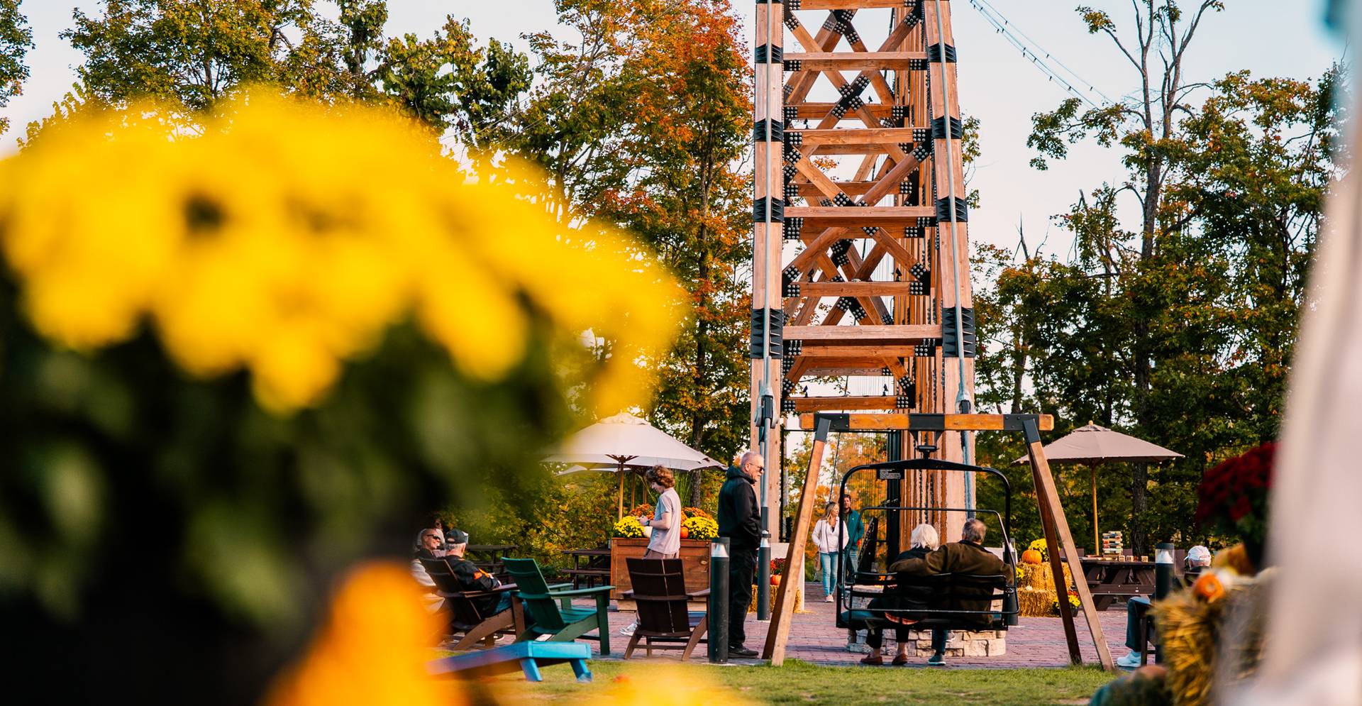 people walking ok skybridge during peak fall colors