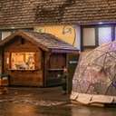 Back Forty Biergarten bar hut at night with dining igloos lit in holiday lights