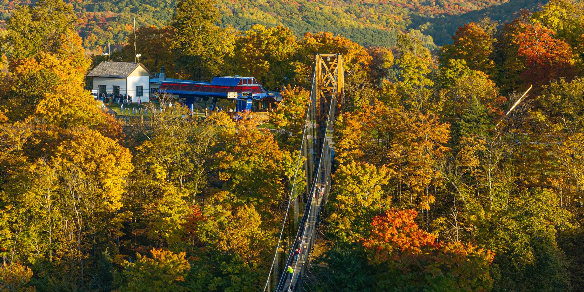Drone view of SkyBridge Michigan with fall colors