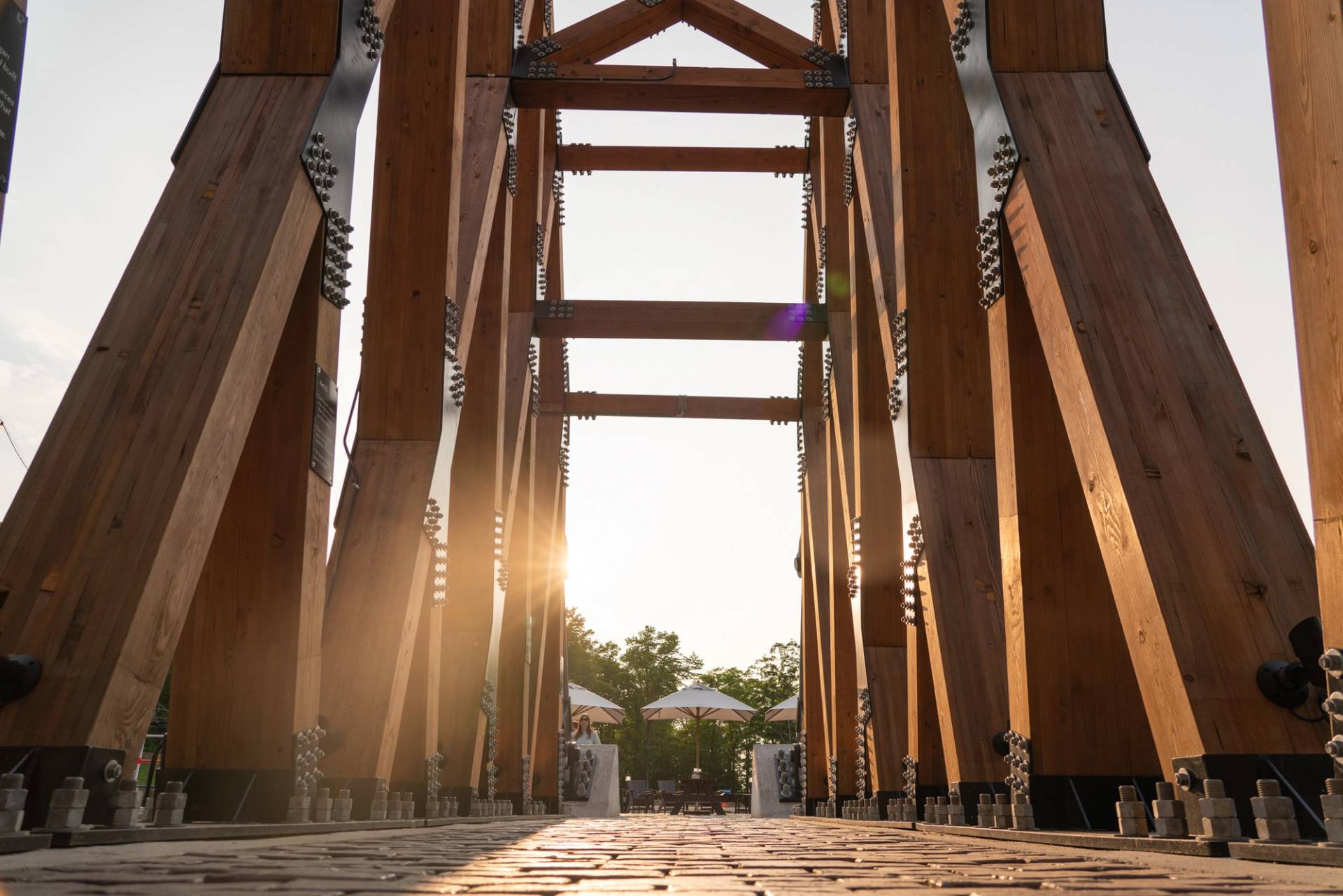 Golden hour sun shining through the SkyBridge Michigan towers