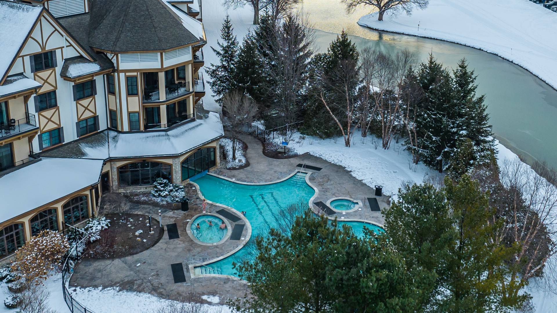 Overhead view of the Mountain Grand Lodge pool at Boyne Mountain