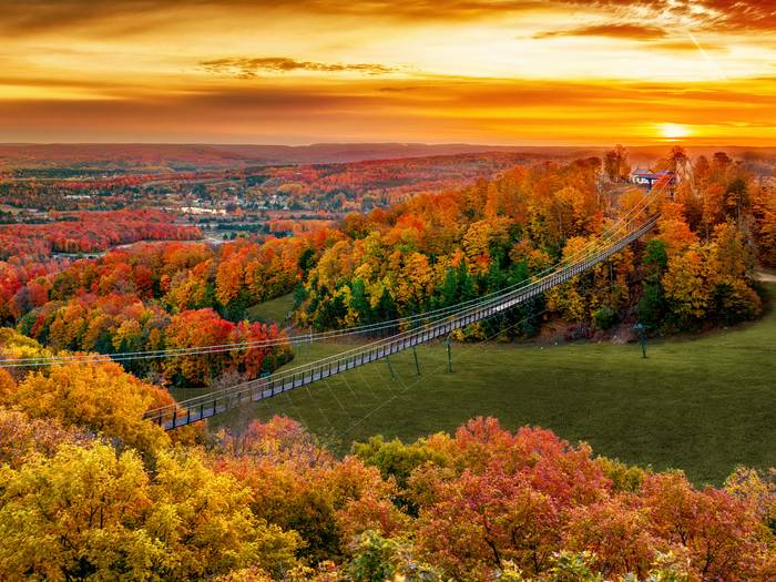 Beauty shot of SkyBridge Michigan during peak fall colors