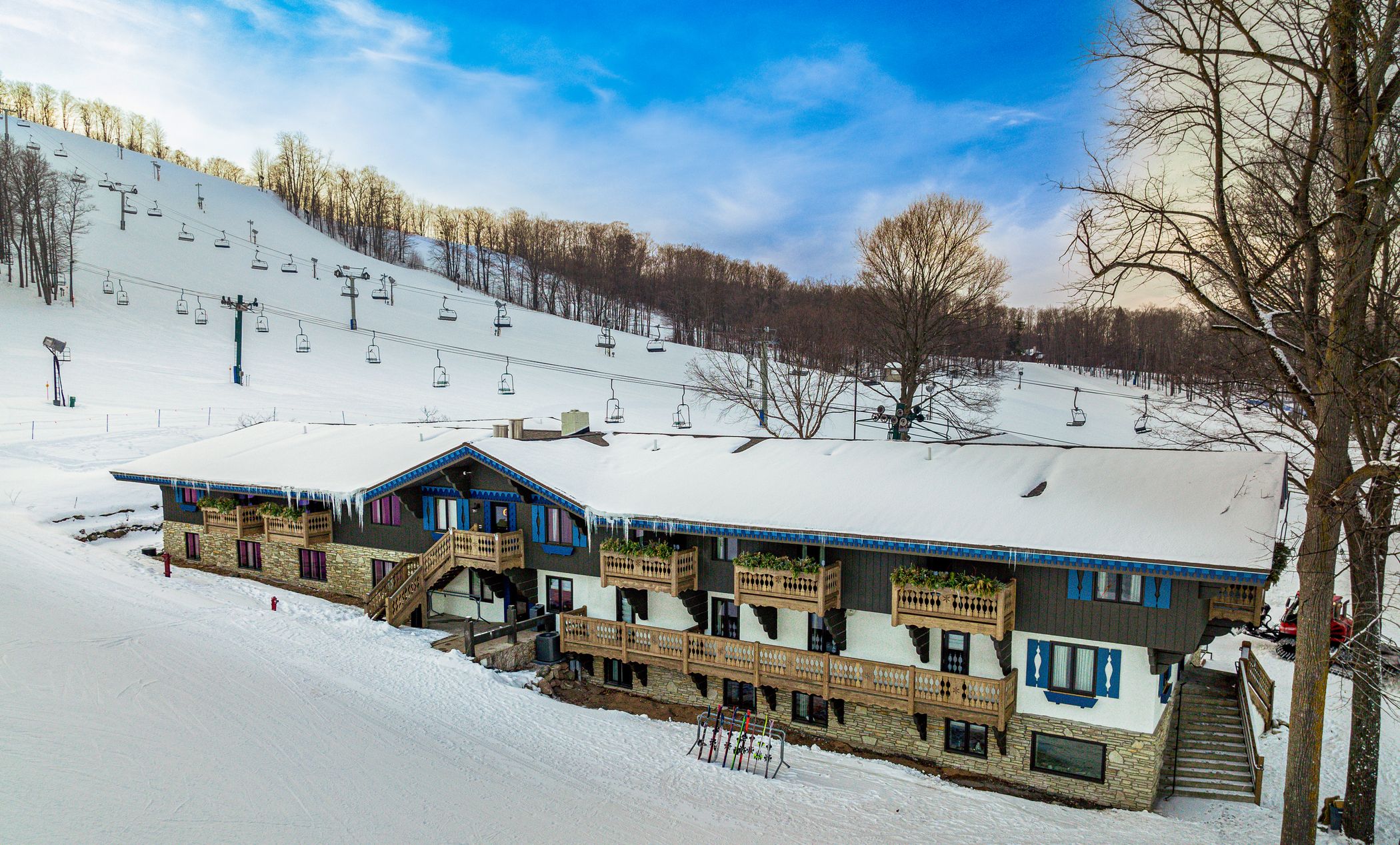 chalet exterior in winter