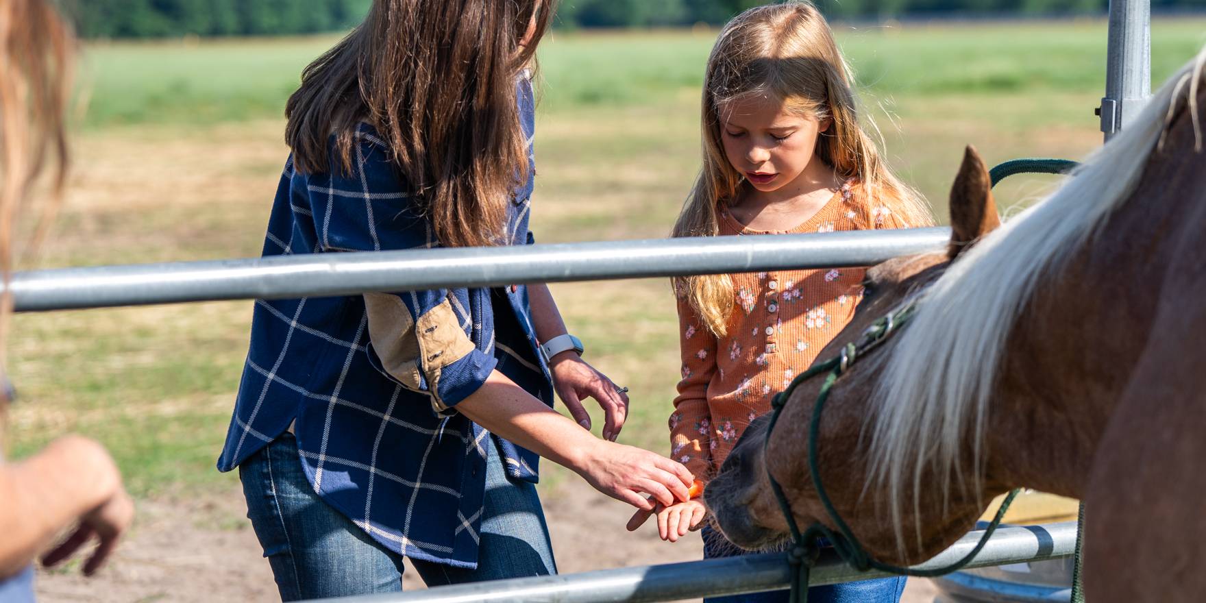 mom and daughter feeding a horse
