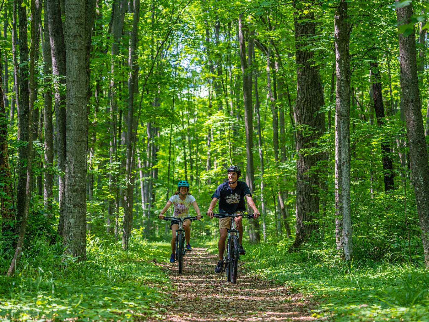 Couple mountain biking on trail in summer