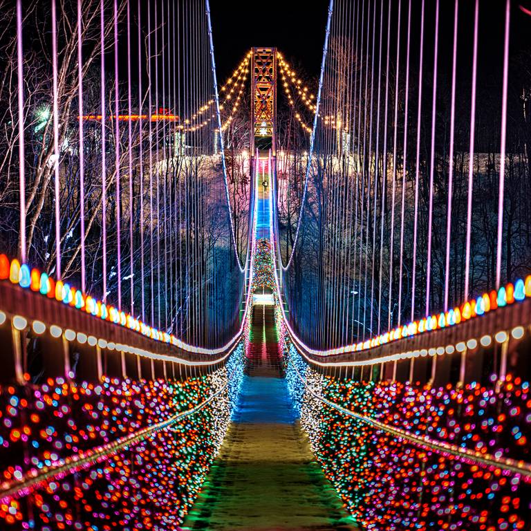 SkyBridge Michigan covered in Holiday lights