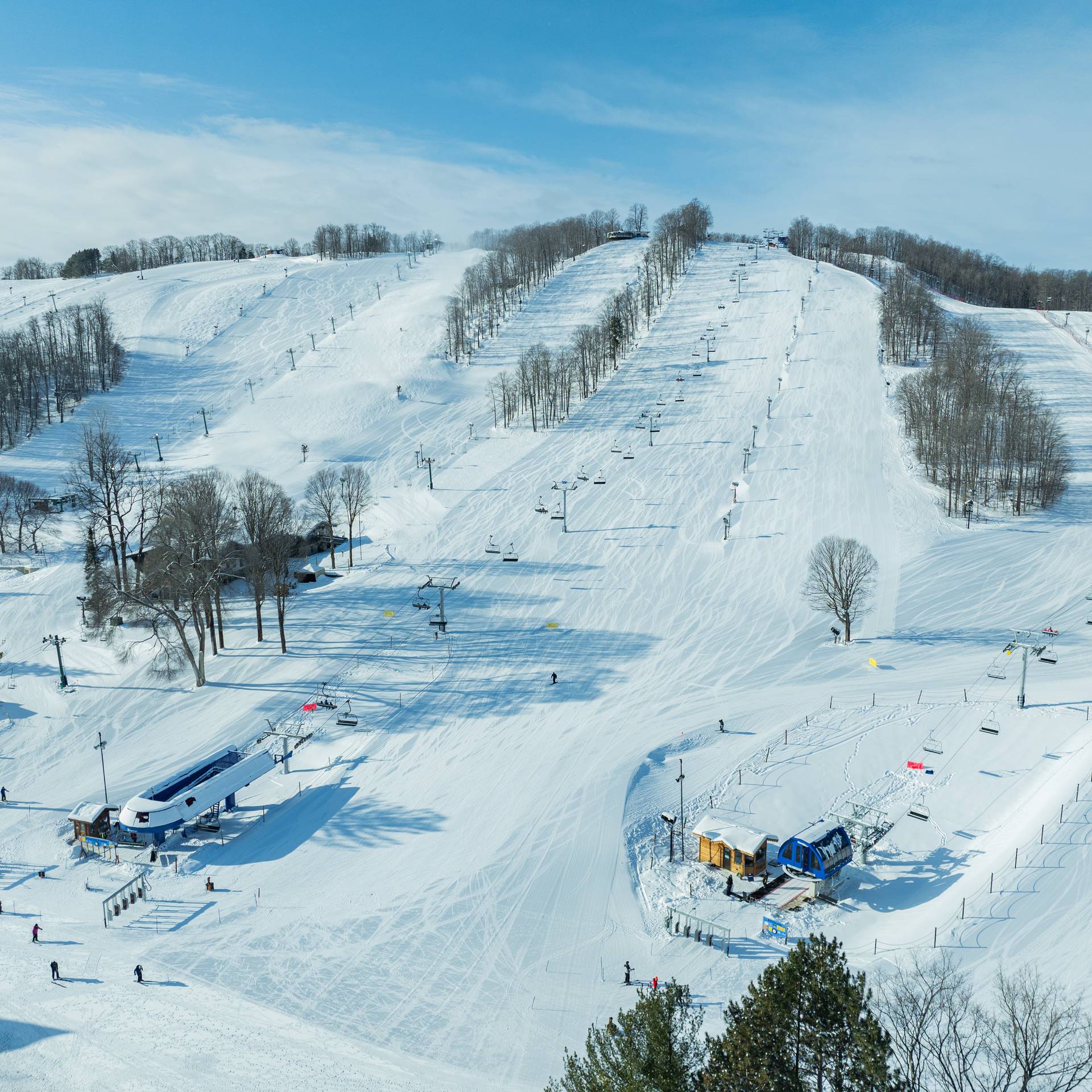 aerial view of Boyne Mountain in the winter
