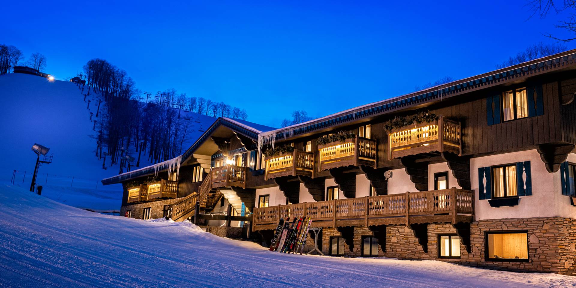 Exterior of Chalet Edelweiss during the evening winter glow