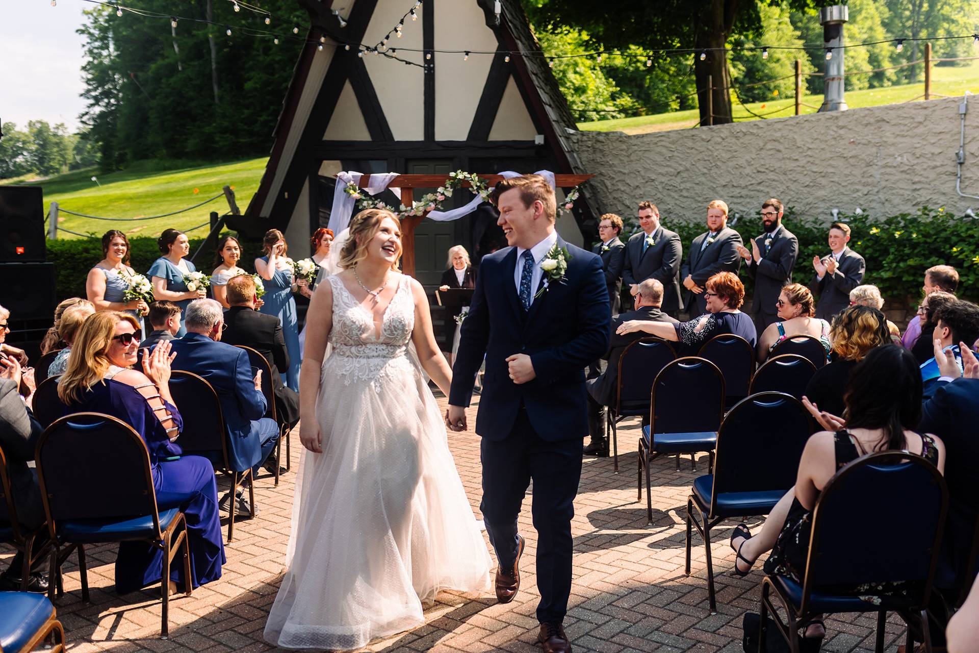 newlywed couple on stein eriksen's patio
