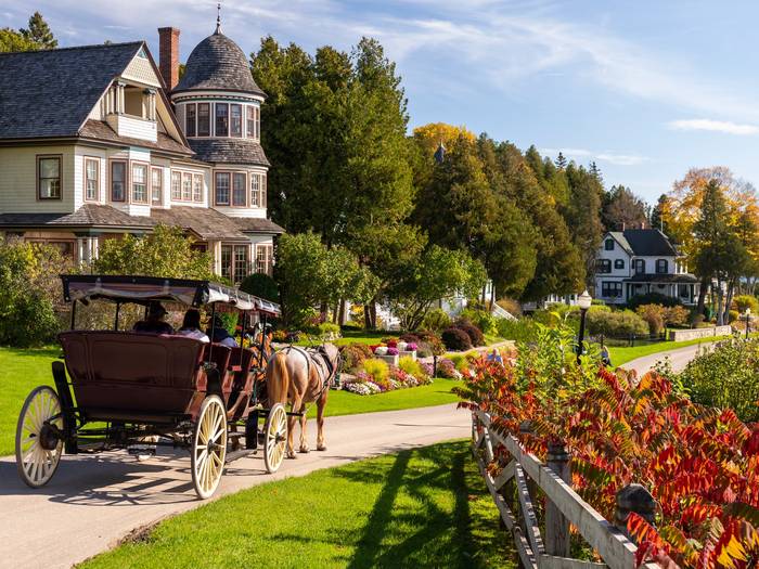 Mackinac Island Street with horse and carriage in the summer