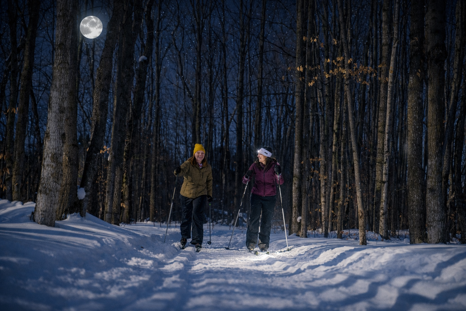 Two women cross country skiing in the sun