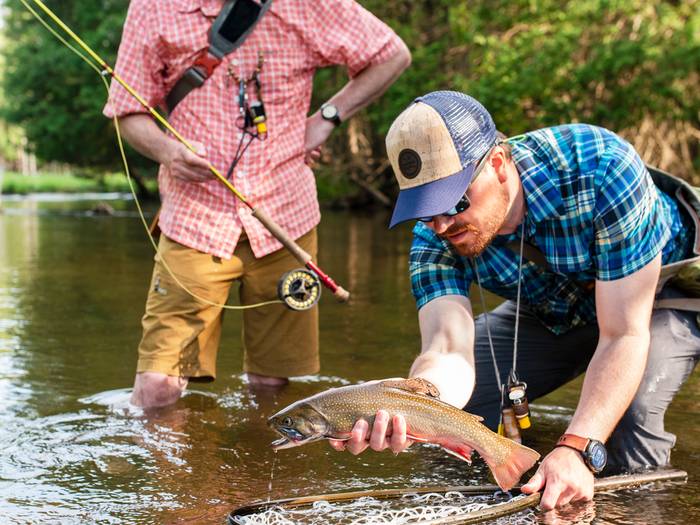 People netting a fish in a northern michigan river