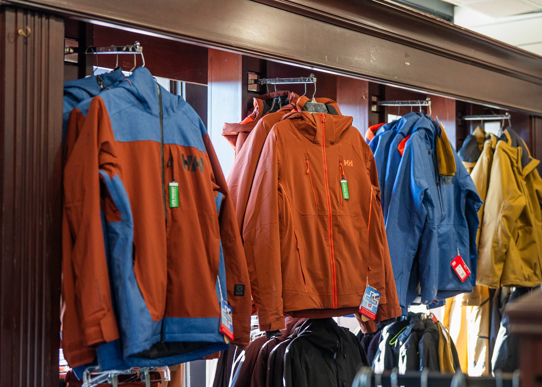 racks of Helly Hanson winter coats at Boyne Country Sports