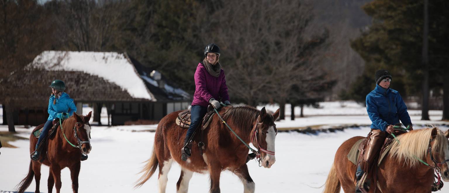 Three people horseback riding in the snow