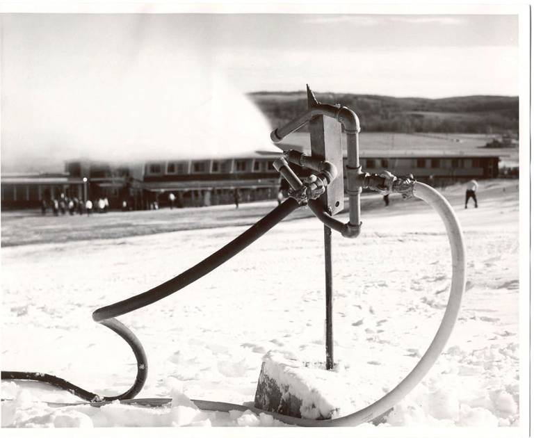 archive photo of one of the first snow guns at Boyne Mountain
