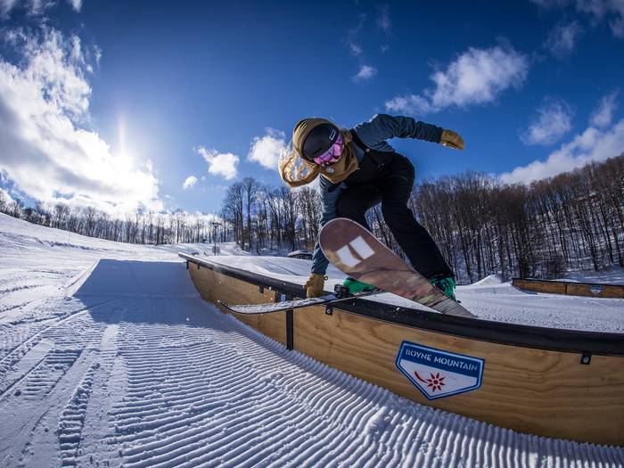 Skier on the rails in the terrain park