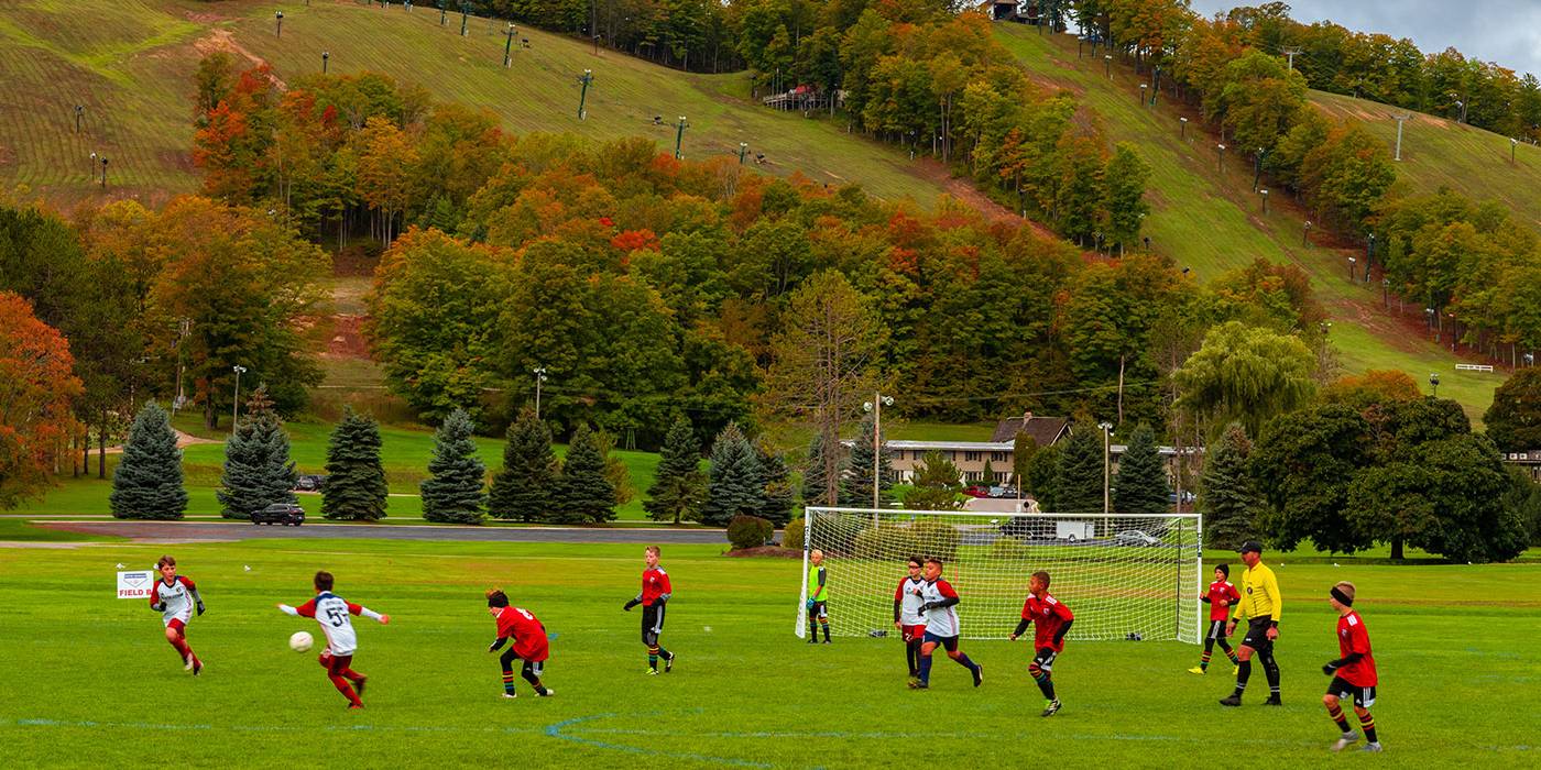 Kids playing soccer at Boyne Mountain fields
