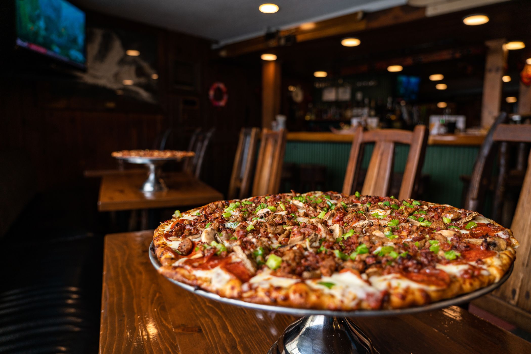 Pizza on tray in The Trophy Room