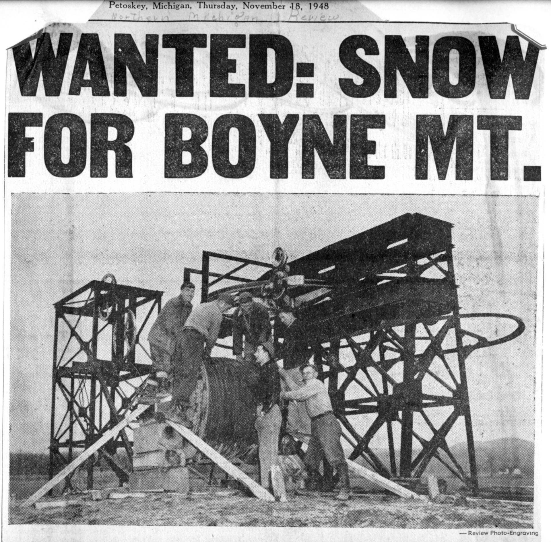 archive news article with headline: "Wanted: Snow For Boyne Mt."