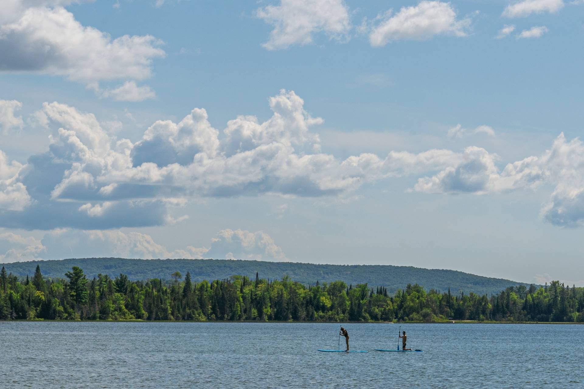 Two people paddle boarding on a lake