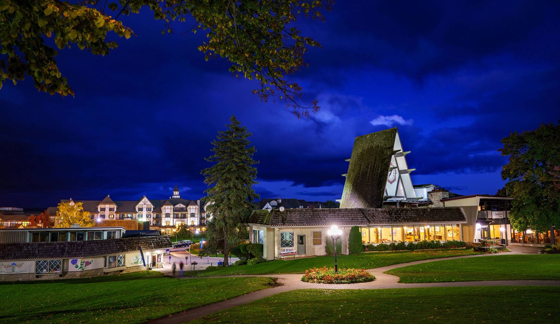 Clock Tower Lodge at night