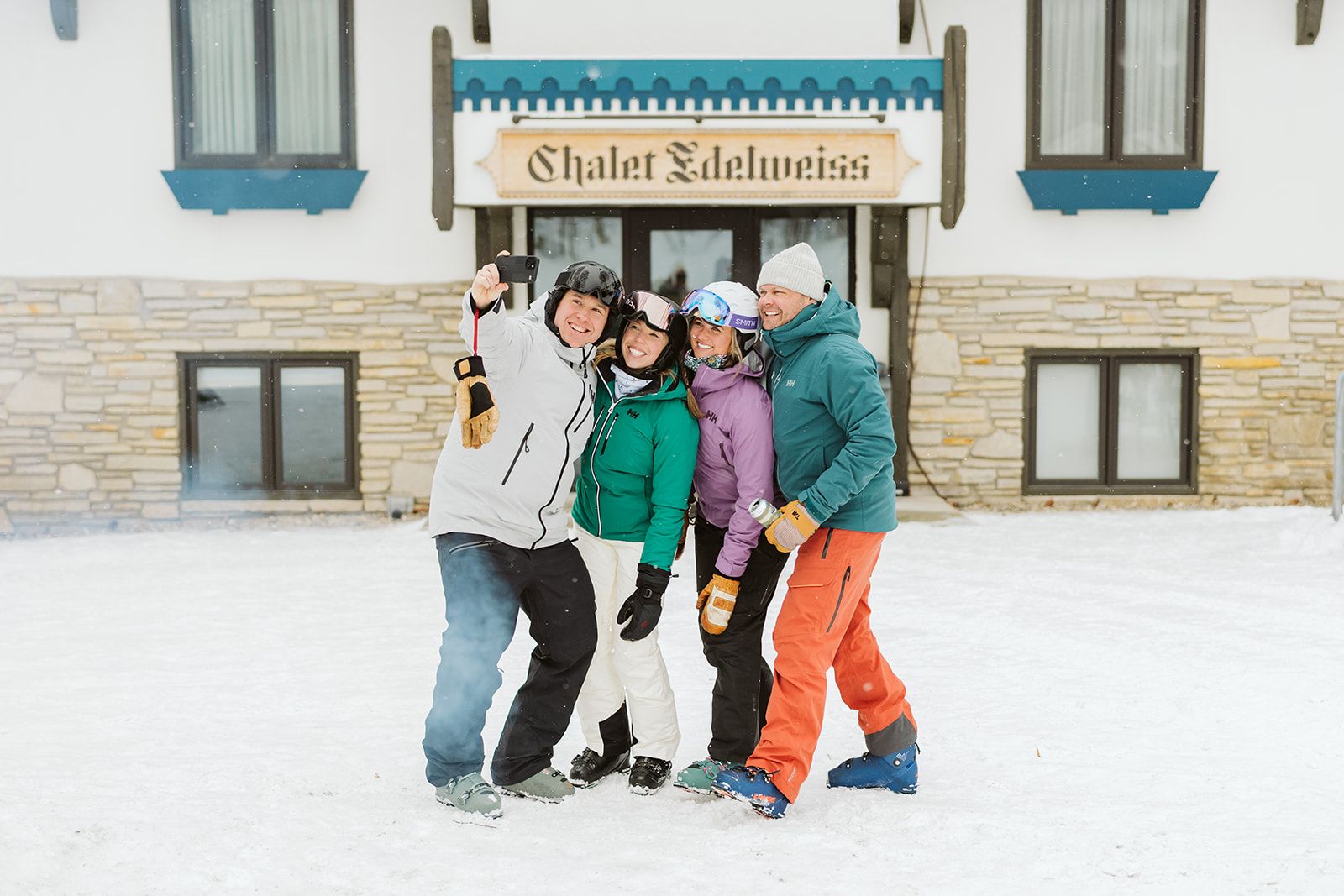 group taking selfie outside Chalet Edelweiss