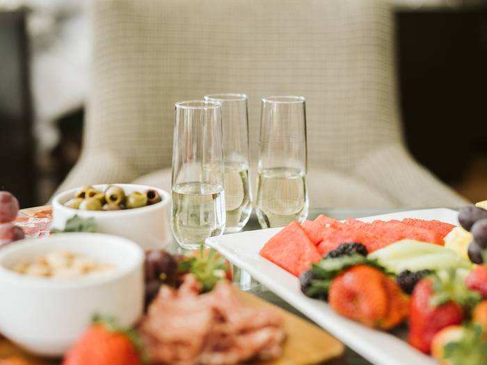 Food and wine spread.