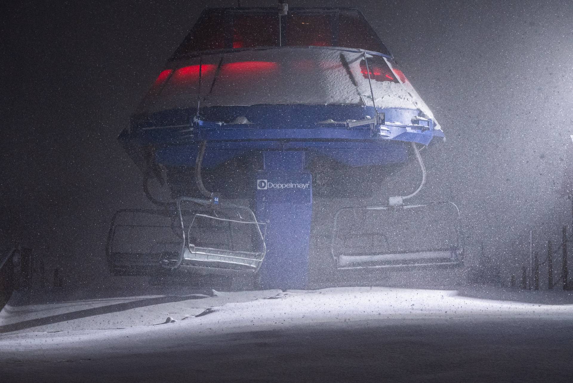 Mountain Express at night during a snow storm