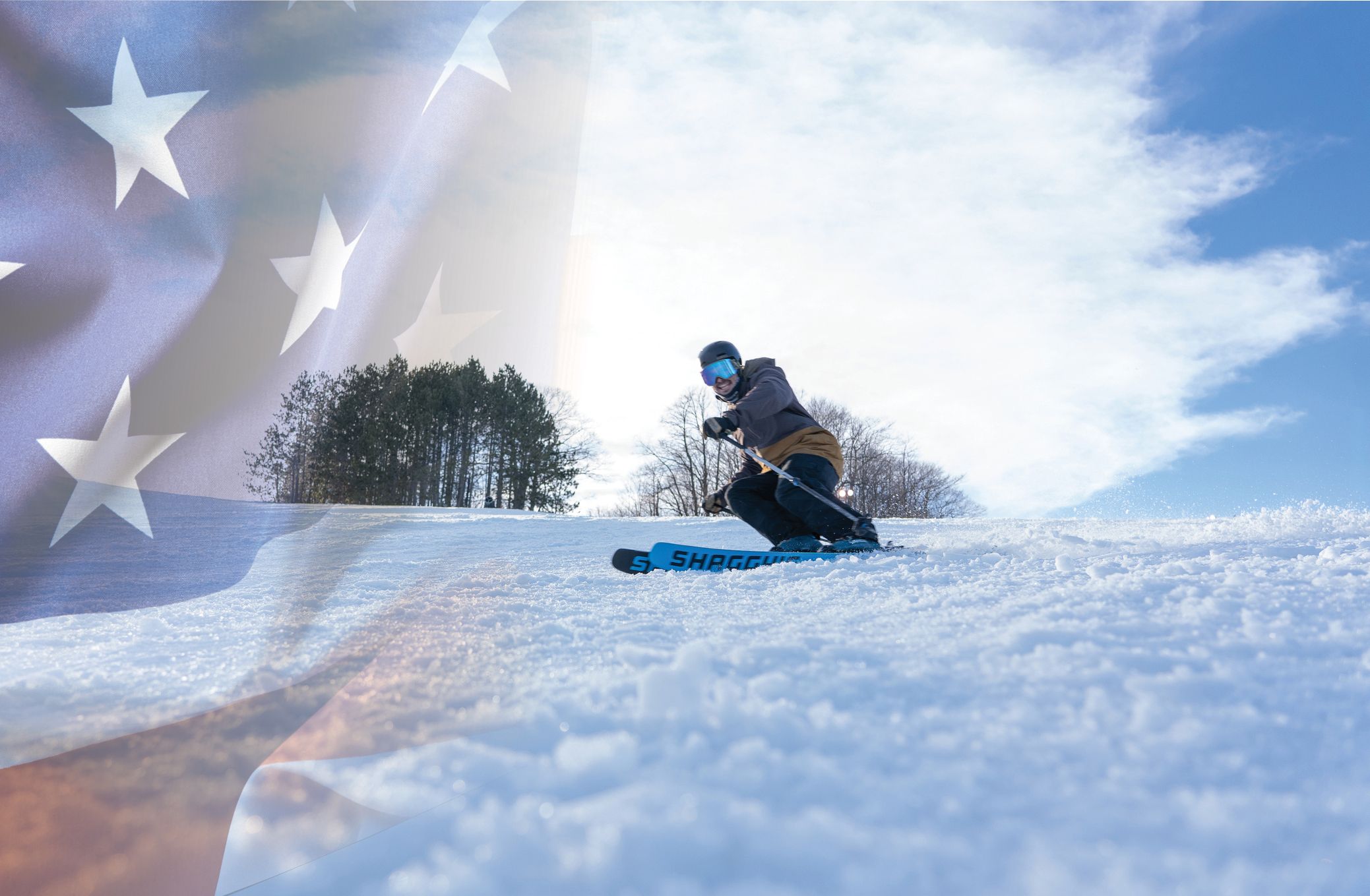 Skier shredding with American flag overlay